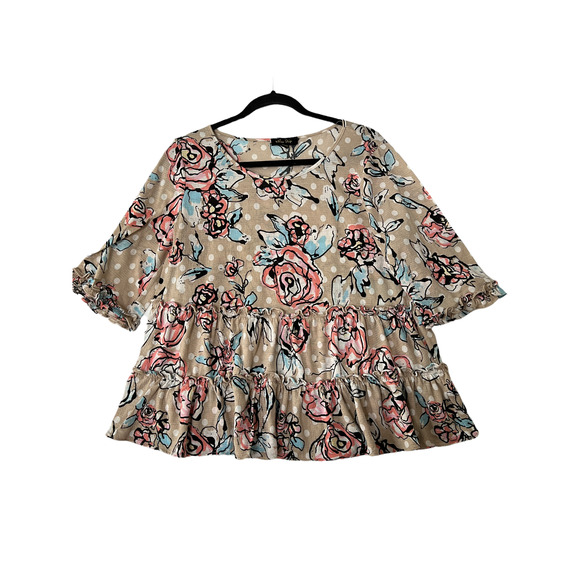 MELISSA PAIGE Floral & Polka Dot Ruffled Tiered Top Tan/Pink Women's Size L - Picture 2 of 6